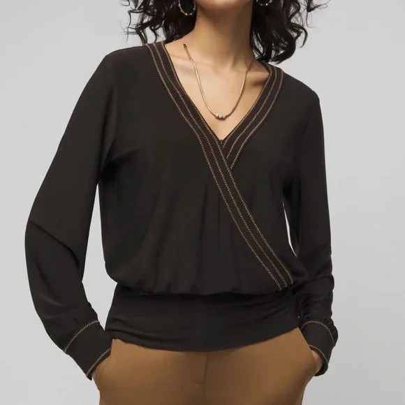 White House Black Market surplus wrap black top brown contrast stitching NWT Lg - Picture 1 of 11